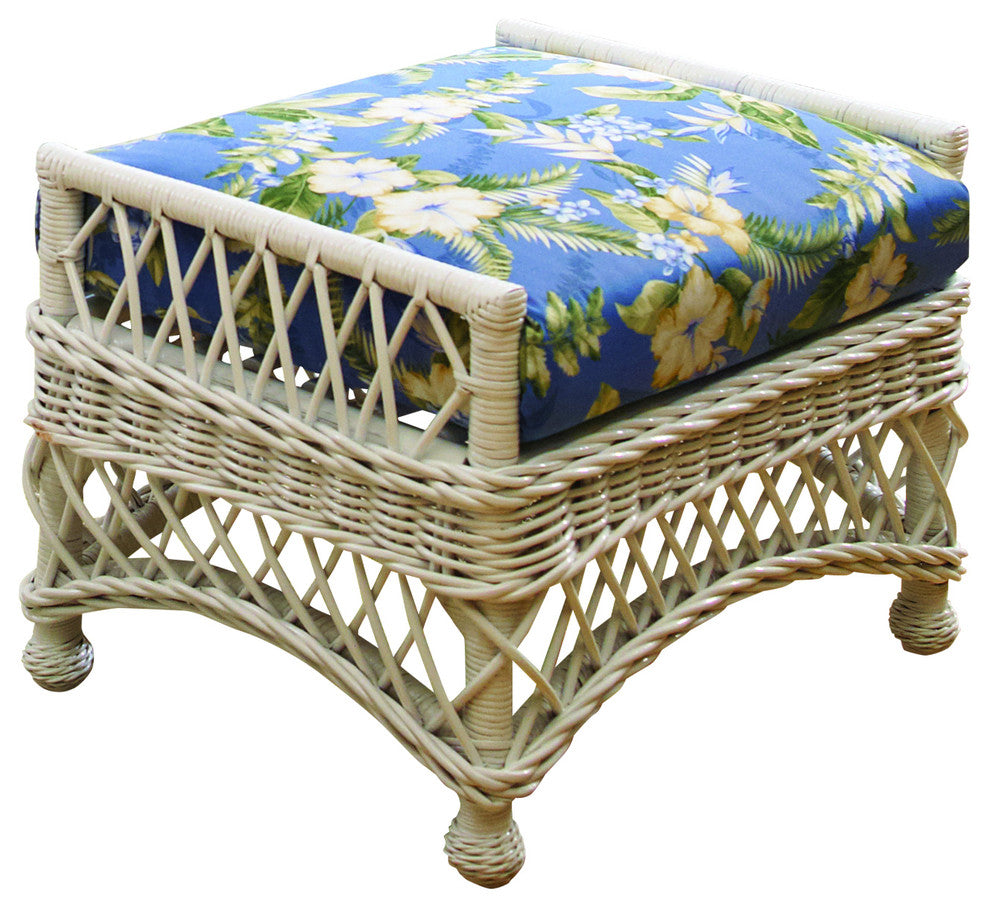 Bar Harbor Ottoman, White, Astrid-Geranium Fabric