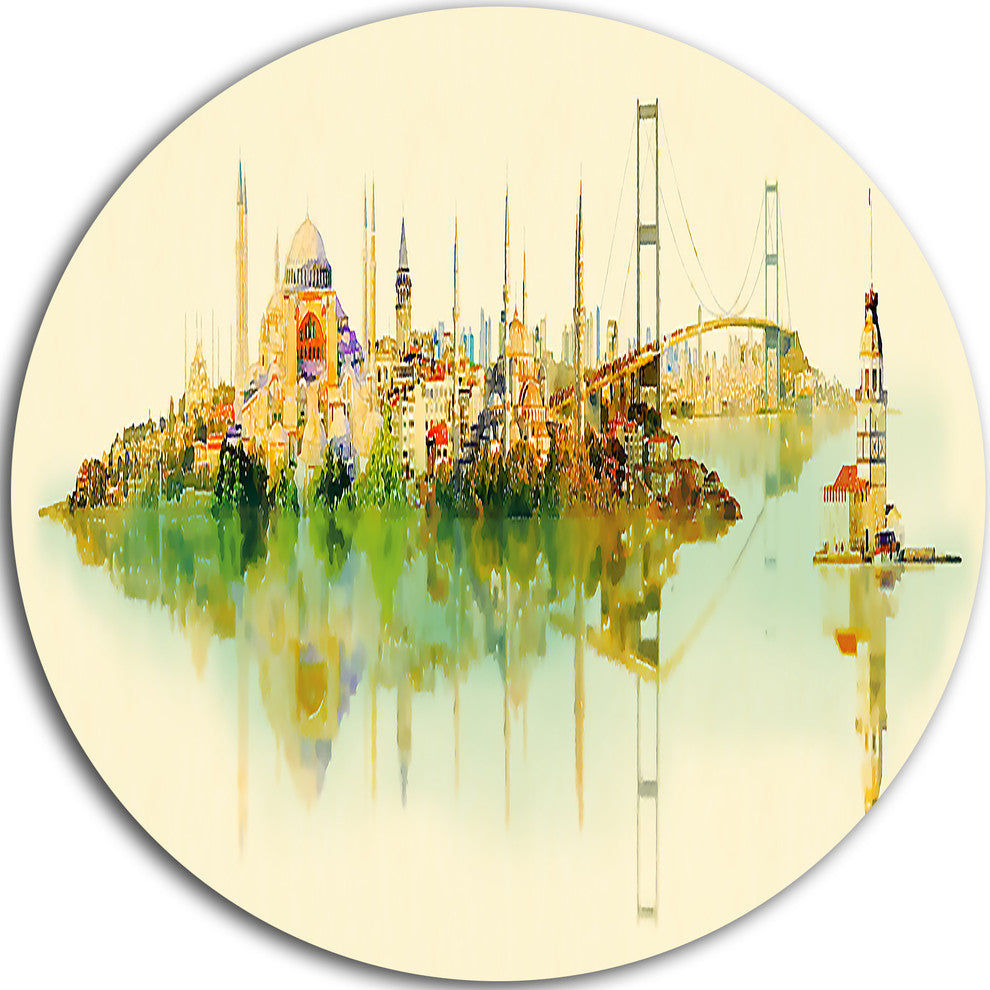 Istanbul Panoramic View, Cityscape Watercolor Round Wall Art, 23"