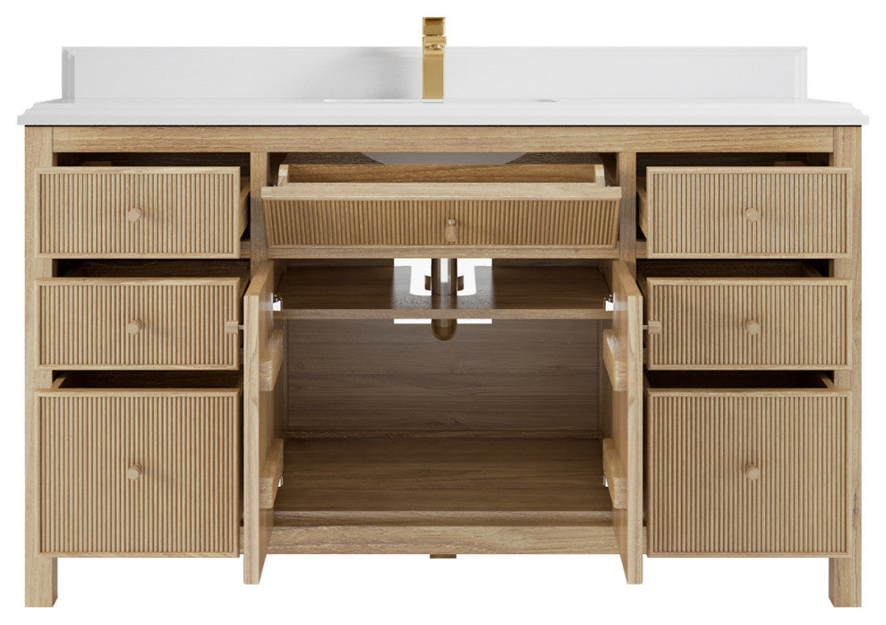 Sonoma 60 Single Bathroom Vanity in Light Natural Teak with 1.5" White Quartz