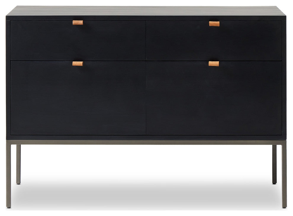 Trey Modular Wide Filing Cabinet Black Wash Poplar, Natural Iron, Toffee Leather