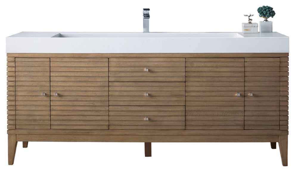 Linear 72" Vanity Whitewashed Walnut, Glossy White Solid Surface Top