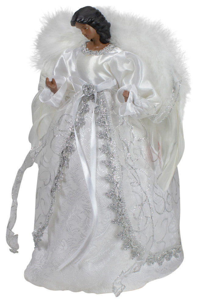 14" African American Silver & White Angel Christmas Tree Topper Unlit