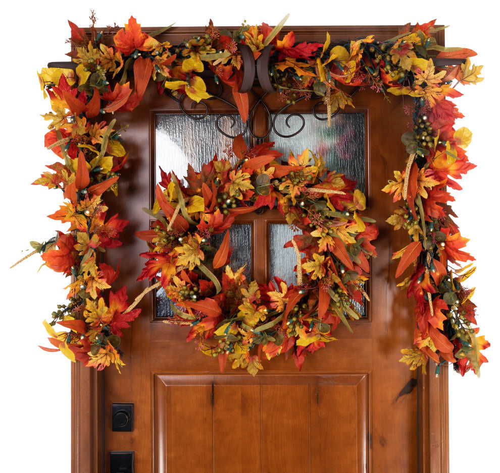 9' Artificial Garland with Lights, Fall Harvest Leaf