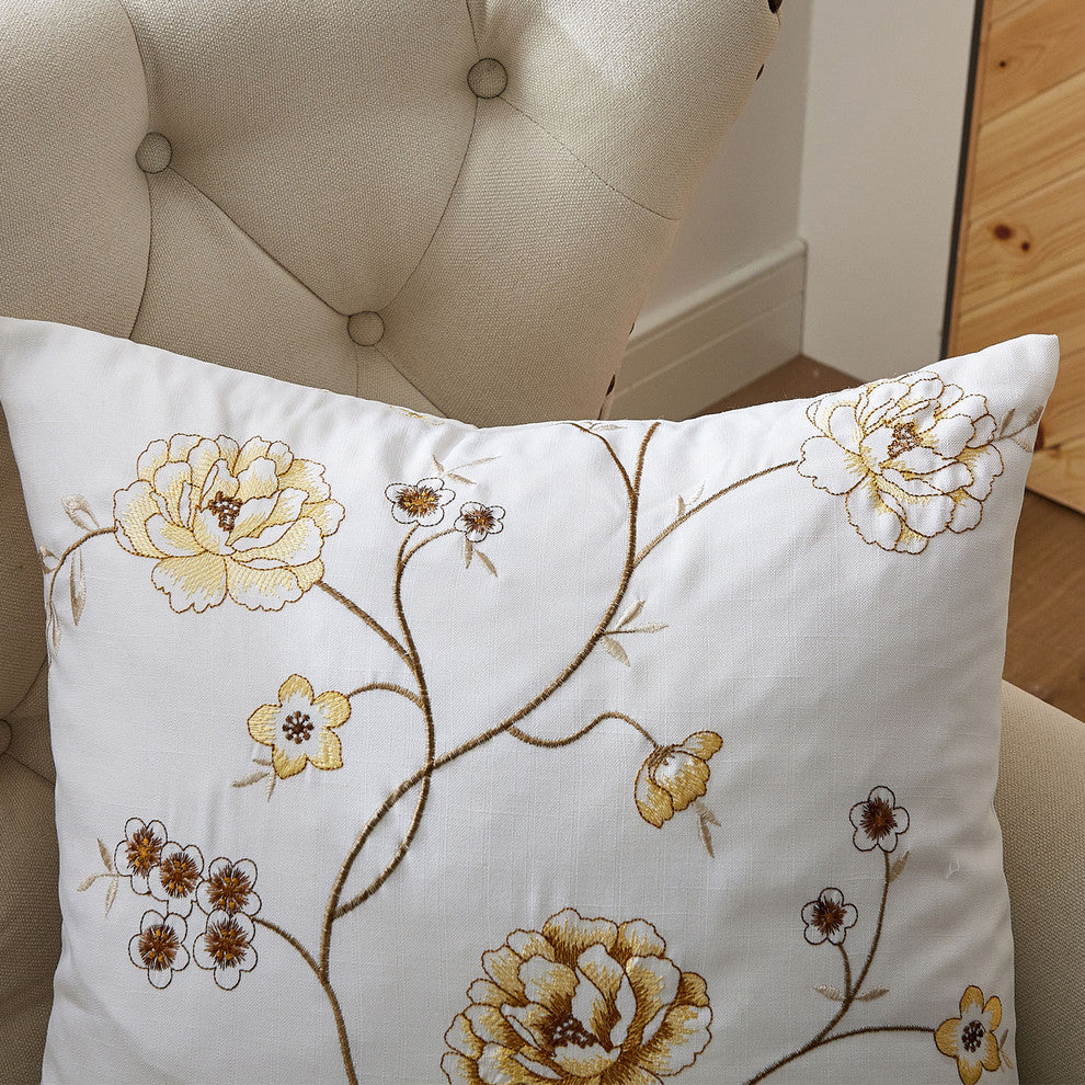 Spring Flower Embroidery 2 Piece Pillow Shell Set, Gold, 26" X 26"