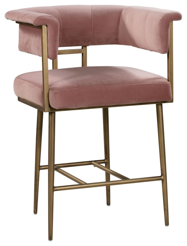 Blush Pink Velvet Counter Stool, Contemporary Modern Brass Gold Counter Stool
