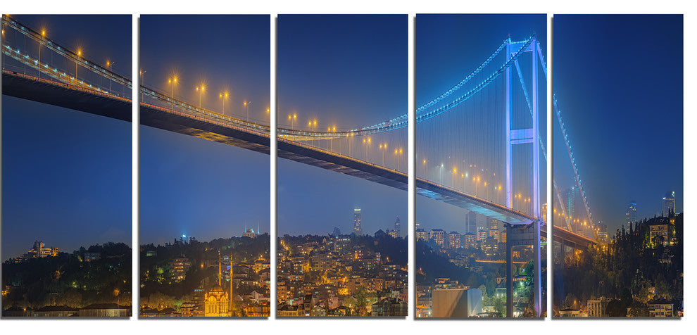 Bosphorus Bridge at Night Istanbul, Landscape Canvas Print, 60"x28", 5 Panels
