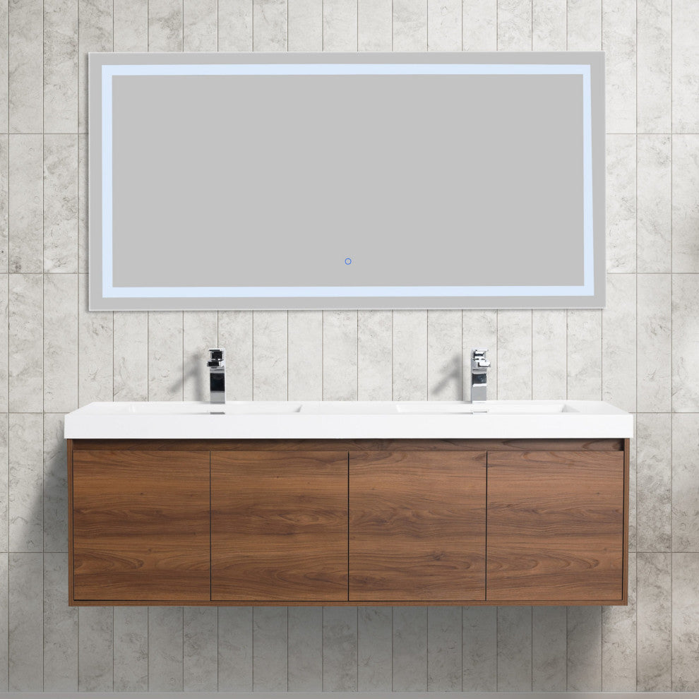 Wall Mounted Bathroom Vanity, Brown Walnut, 60'' W/ Double Sink