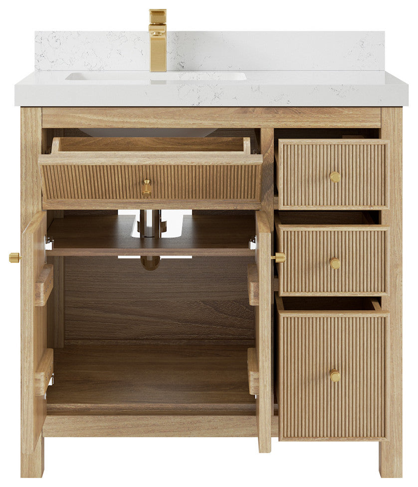 Sonoma 36 Left Offset Bath Vanity in Light Natural Teak with 2" Empira Quartz