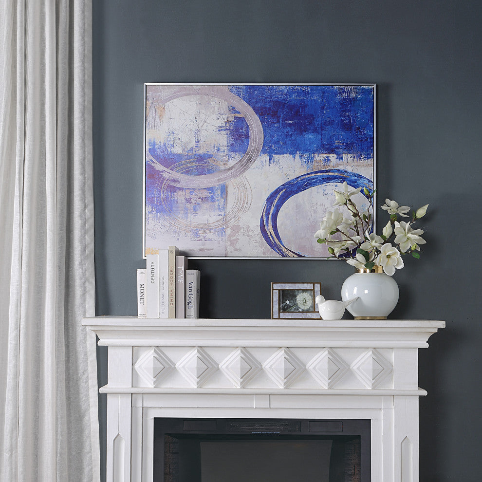 Circle Abstract Wall Art 30x39 With Silver Frame, Blue & Silver