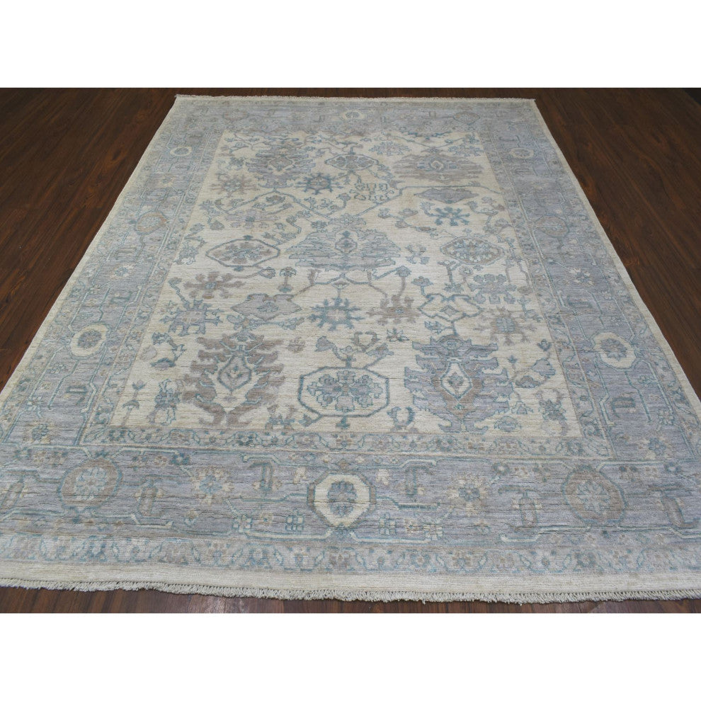 Afghan Angora Oushak Ivory-Blue Organic Wool Hand Knotted Rug, 7'10" x 10'0"