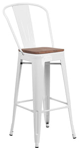 30" High Metal Barstool With Back and Wood Seat, White