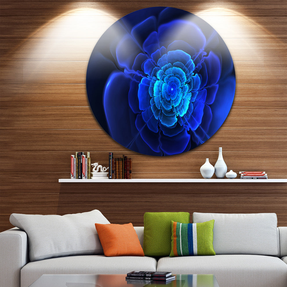 Bright Blue Fractal Flower In Dark, Floral Abstract Disc Artwork, 11"