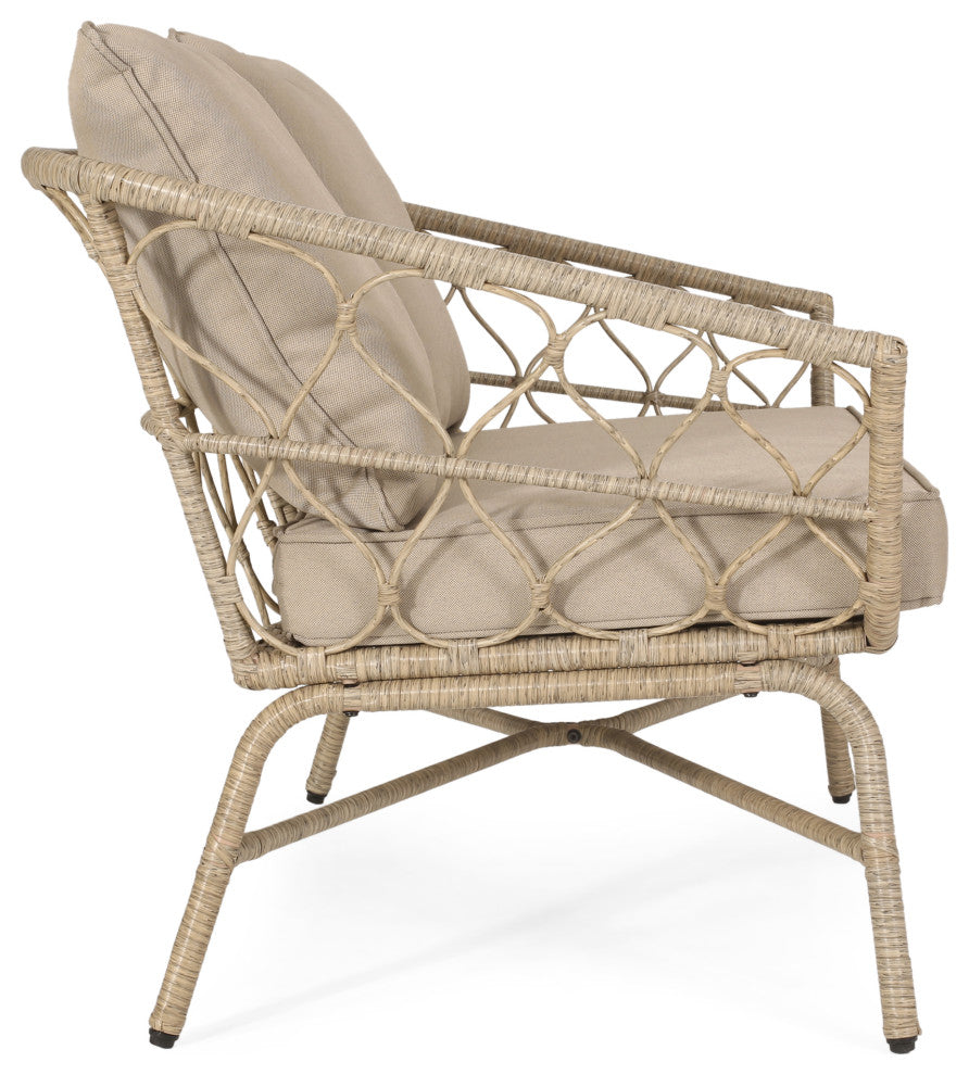 Colmar Outdoor Wicker Loveseat With Cushions, Light Brown and Beige