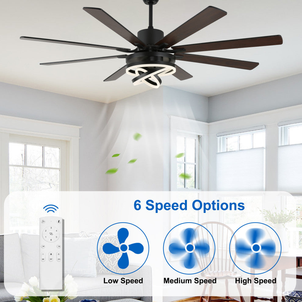 72" Modern 8 Wood Blades Large Ceiling Fan w LED Light, Black