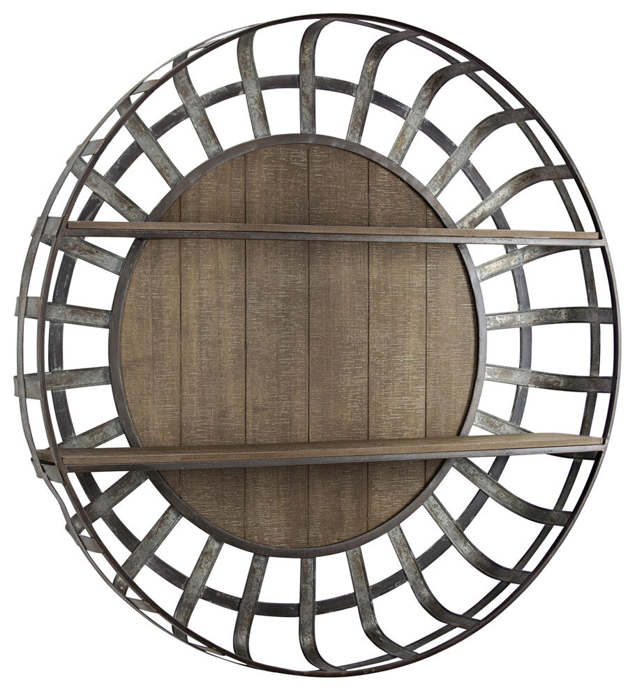 American Art Decor Rustic Wood and Galvanized Metal Round Hanging Wall Shelf