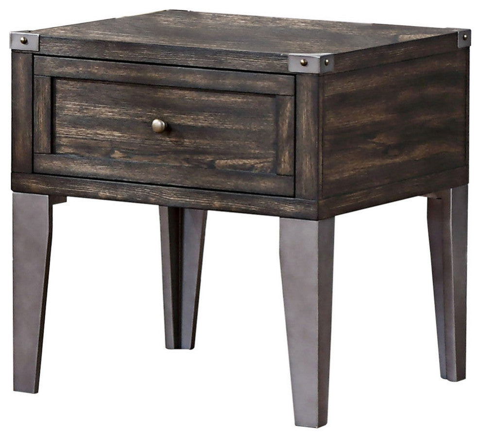 1 Drawer Wooden End Table with Metal Angled Legs, Brown