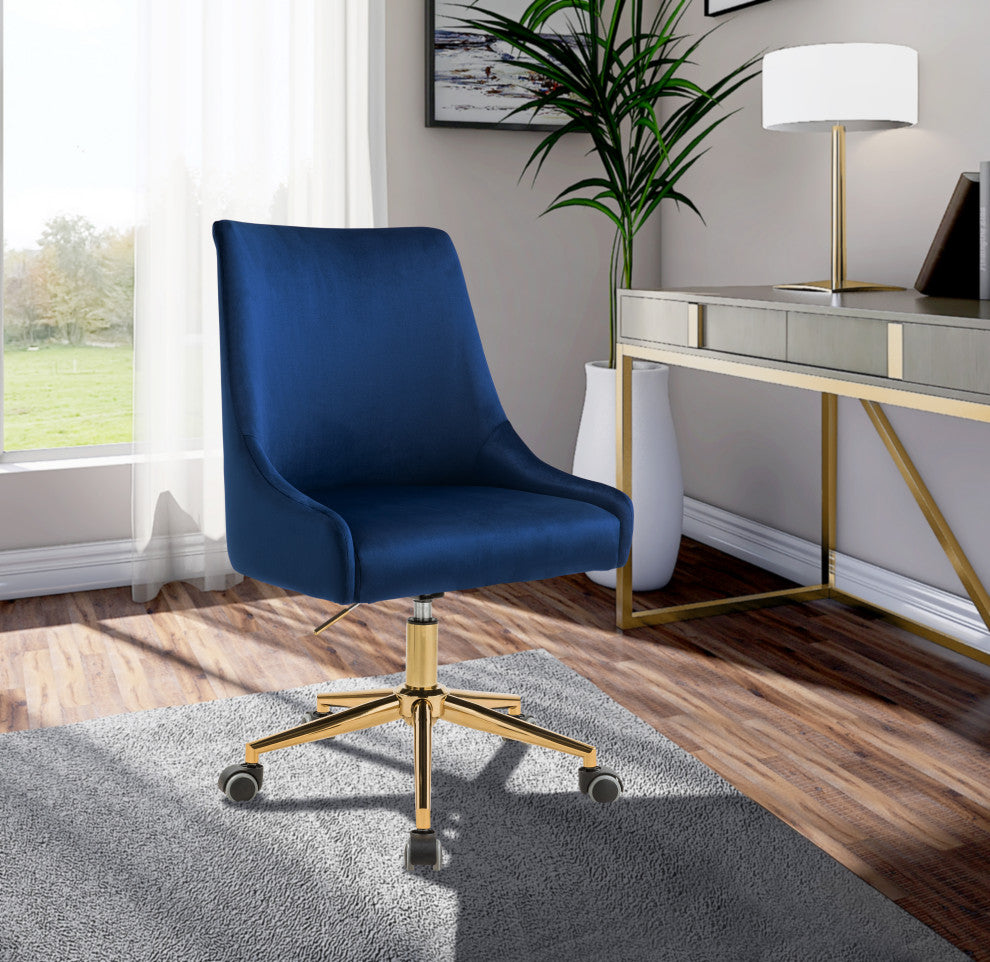 Karina Swivel and Adjustable Velvet Upholstered Office Chair, Navy, Gold Base
