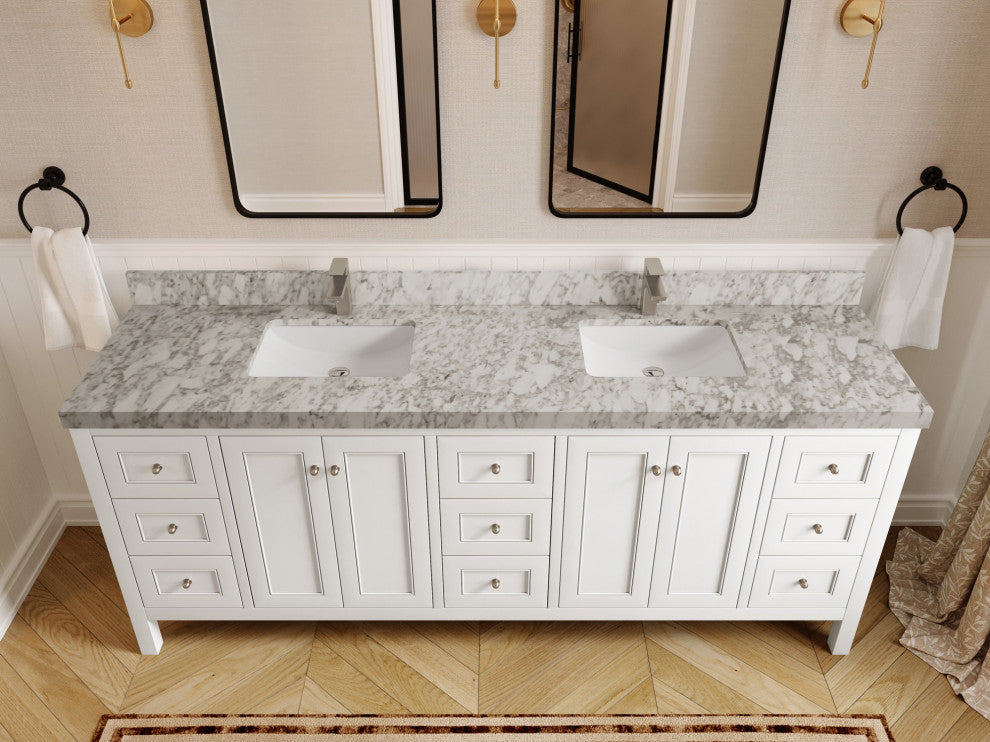 Nashville 84" Double Sink Bath Vanity, White 2" Carrara Marble