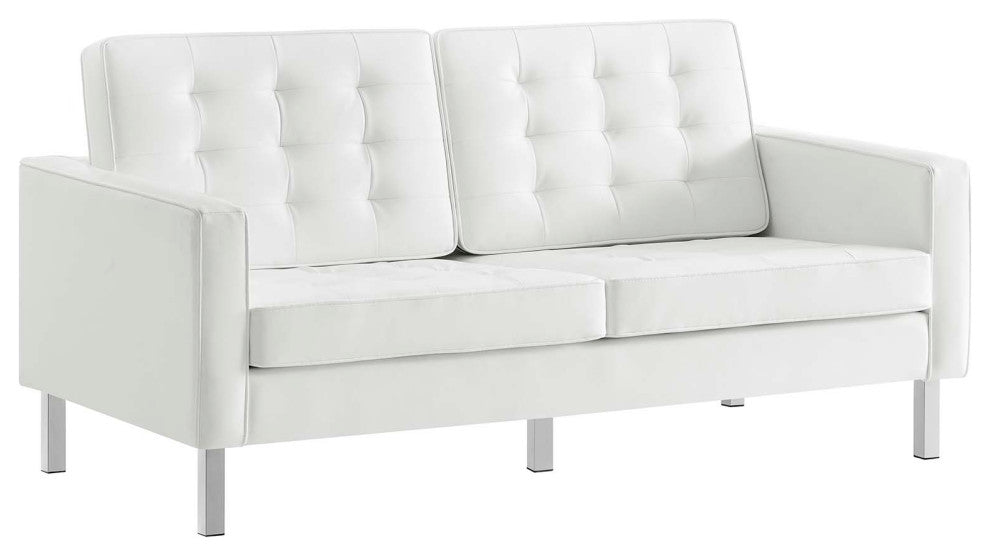 Modern Designer Lounge Loveseat Sofa, Faux Vinyl Leather, Grey Gray Silver, White