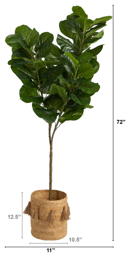 6' Fiddle Leaf Fig Artificial Tree in Handmade Natural Jute Planter With Tassels