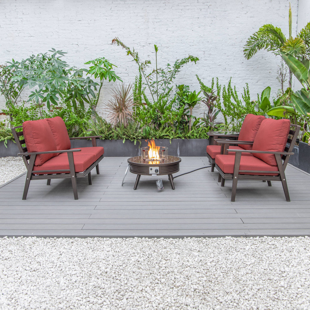 LeisureMod Walbrooke Patio Conversation Set With Fire Pit Table, Red