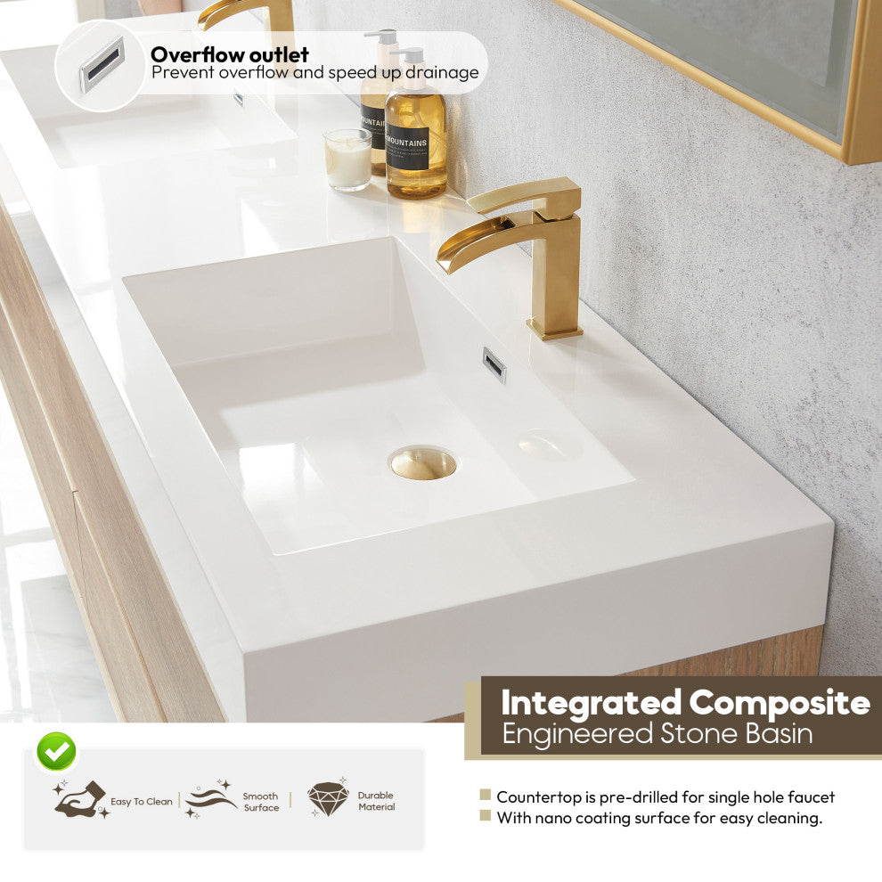 Palencia Floating Bath Vanity With Composite Stone Top, North American Oak, 72", With Mirror