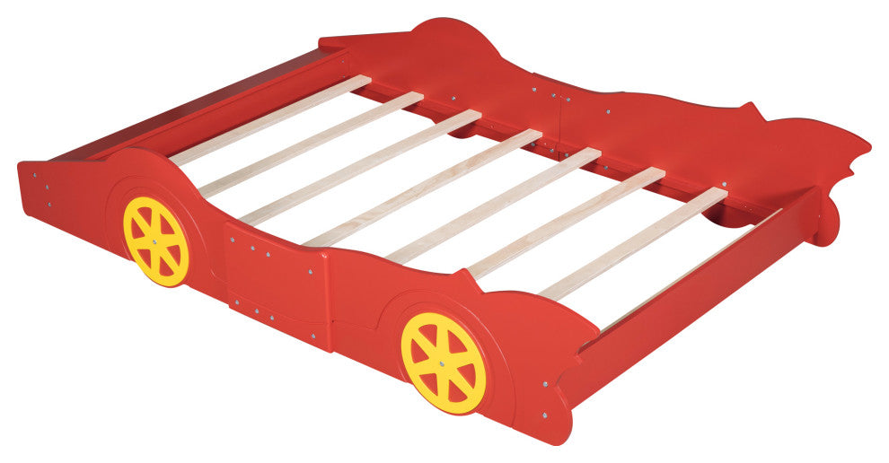 Gewnee Wood Full Size Car Shaped Platform Bed with Wheels for Kids in Red