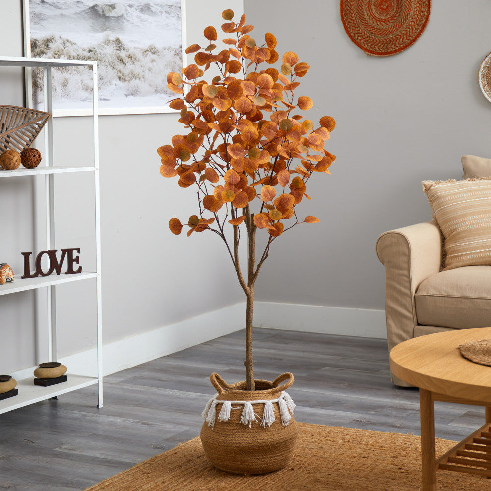 5ft. Artificial Autumn Eucalyptus Tree With Handmade Basket With Tassels