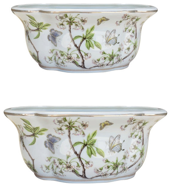 Set of 2, Cherry Blossom Porcelain Oval Planter