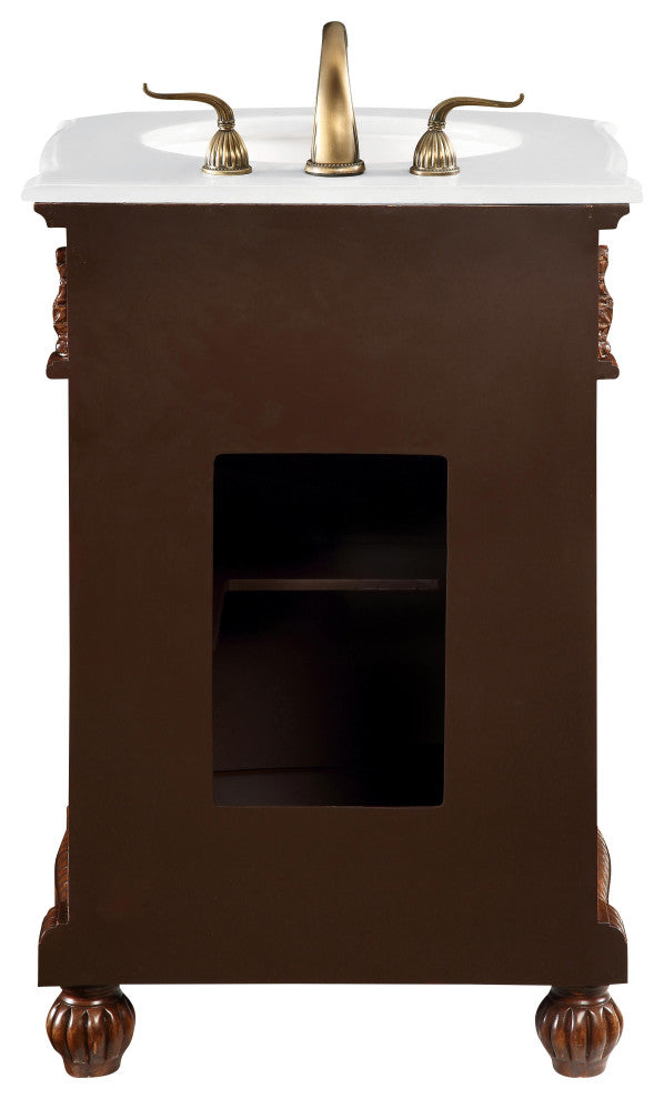 24" Single Bathroom Vanity, Brown With Ivory White Engineered Marble Top