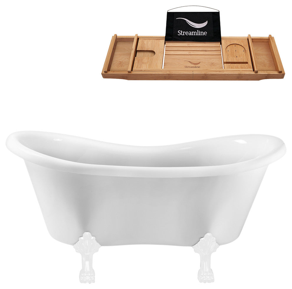 62" White Clawfoot Tub and Tray, White Feet, Chrome Internal Drain
