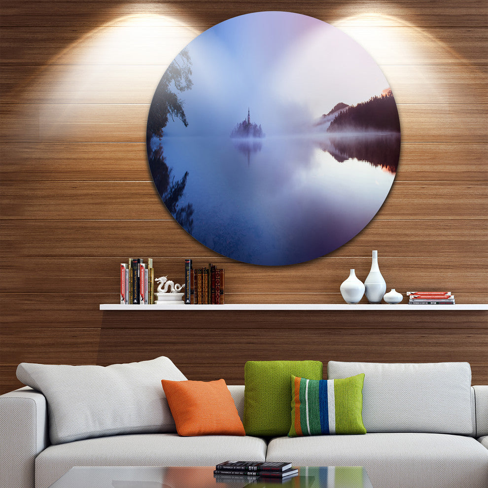 Island With Old Church In Bled City, Landscape Disc Metal Wall Art, 11"