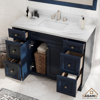 Solid Wood Bath Vanity in Navyblue with White Natural Marble Top and Mirror, 48in