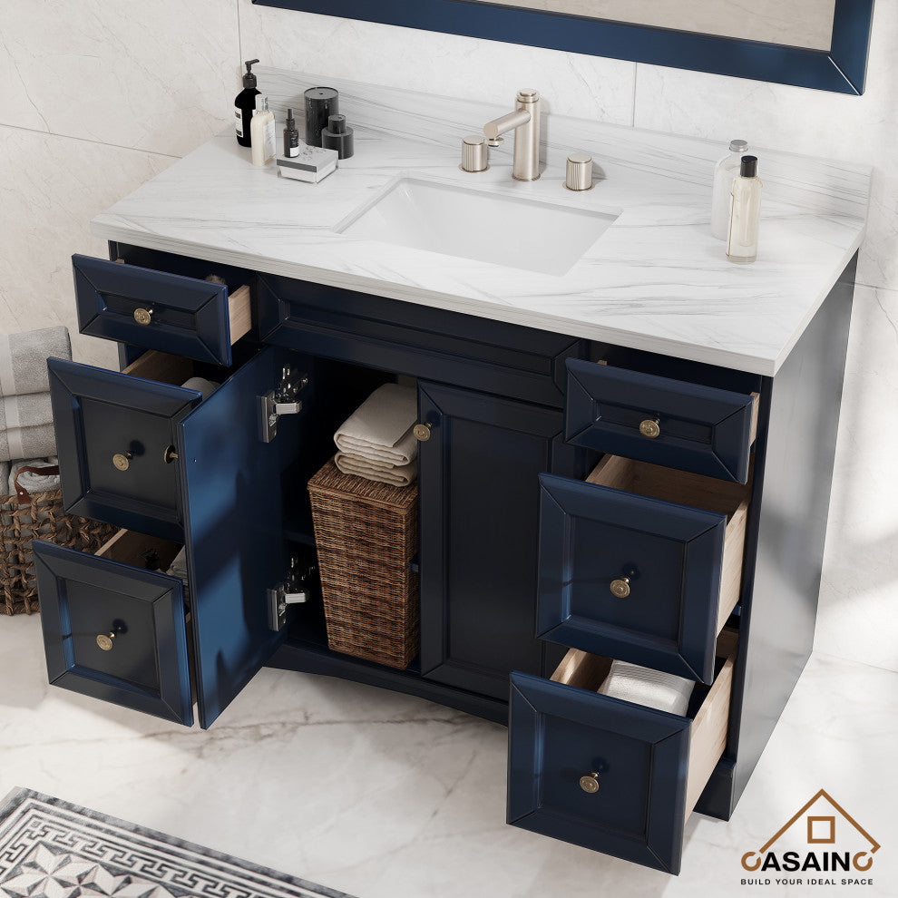 Solid Wood Bath Vanity in Navyblue with White Natural Marble Top and Mirror, 48in