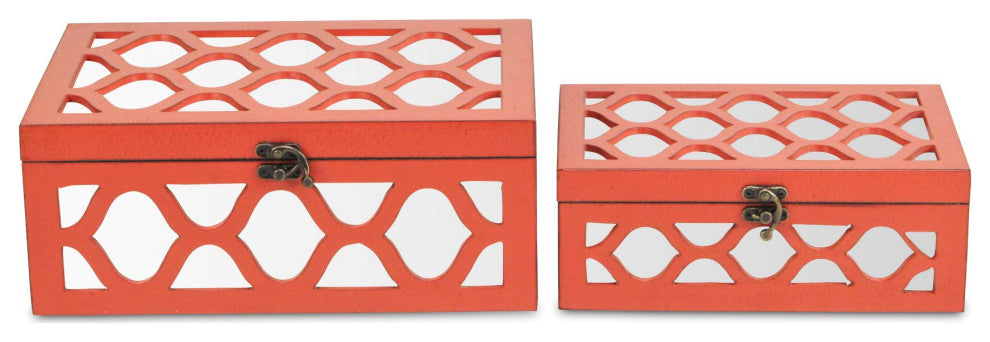Moroccan Mirrored Wooden Boxes, Blue, Set of 2, Orange