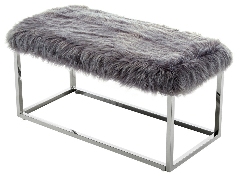 Astraea Faux Fur Metal Frame Ottoman Bench, Grey