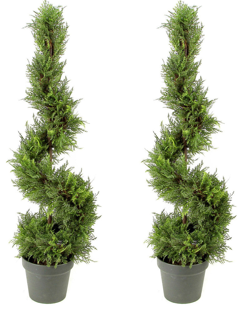 3 Feet Artificial Cypress Spiral Topiary Plant Tree In Plastic Pot,  Green, Set