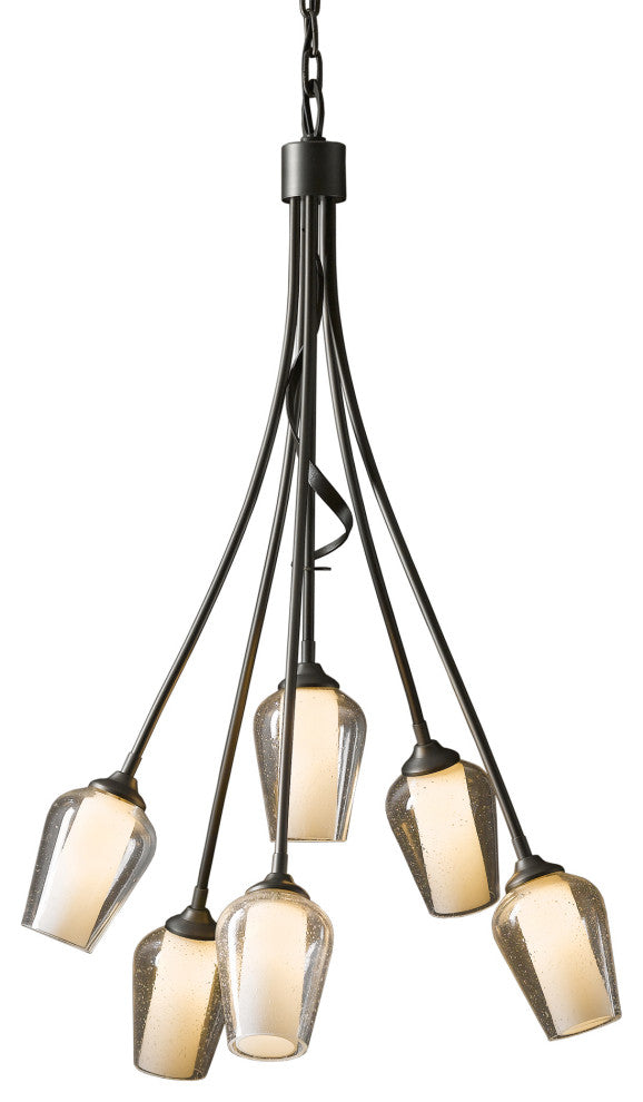 Flora 6 Arm Chandelier, Dark Smoke Finish, Opal and Seeded Glass