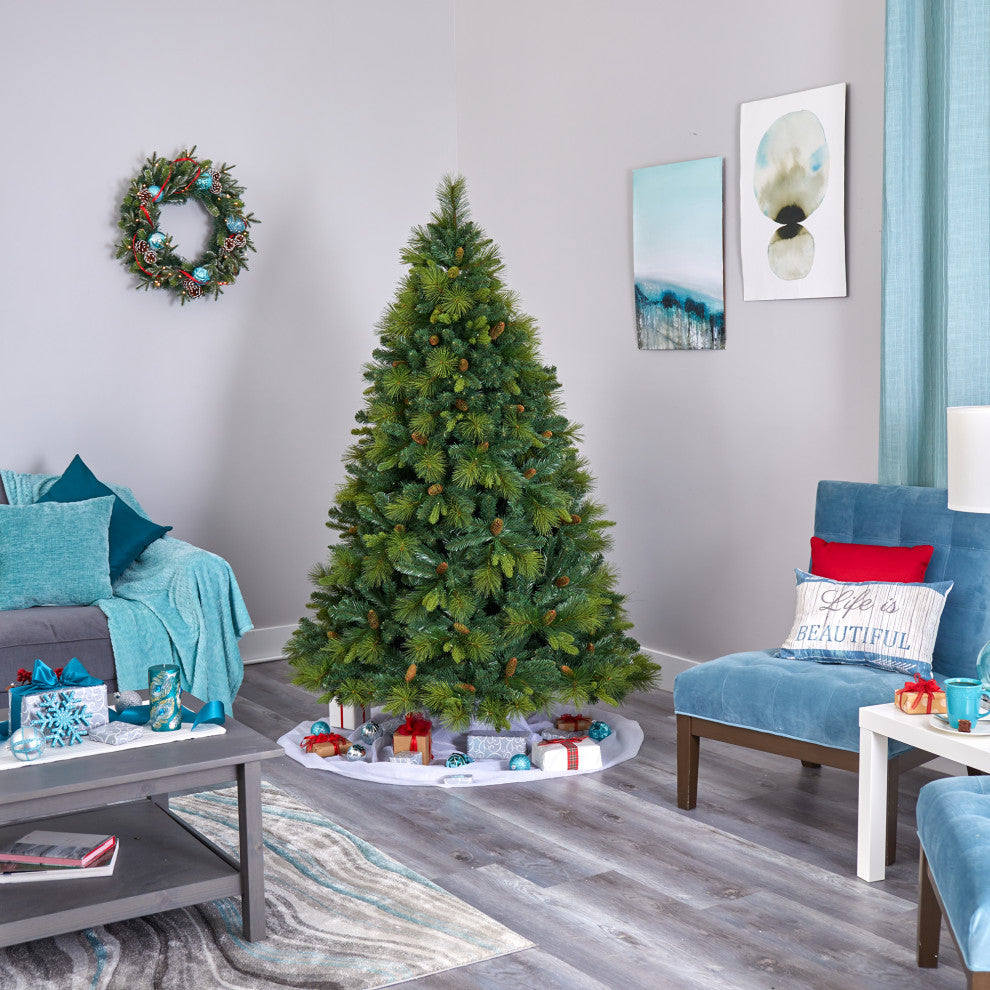 6.5' North Carolina Pine Faux Xmas Tree W/Lights, Bendable Branches & Pinecones