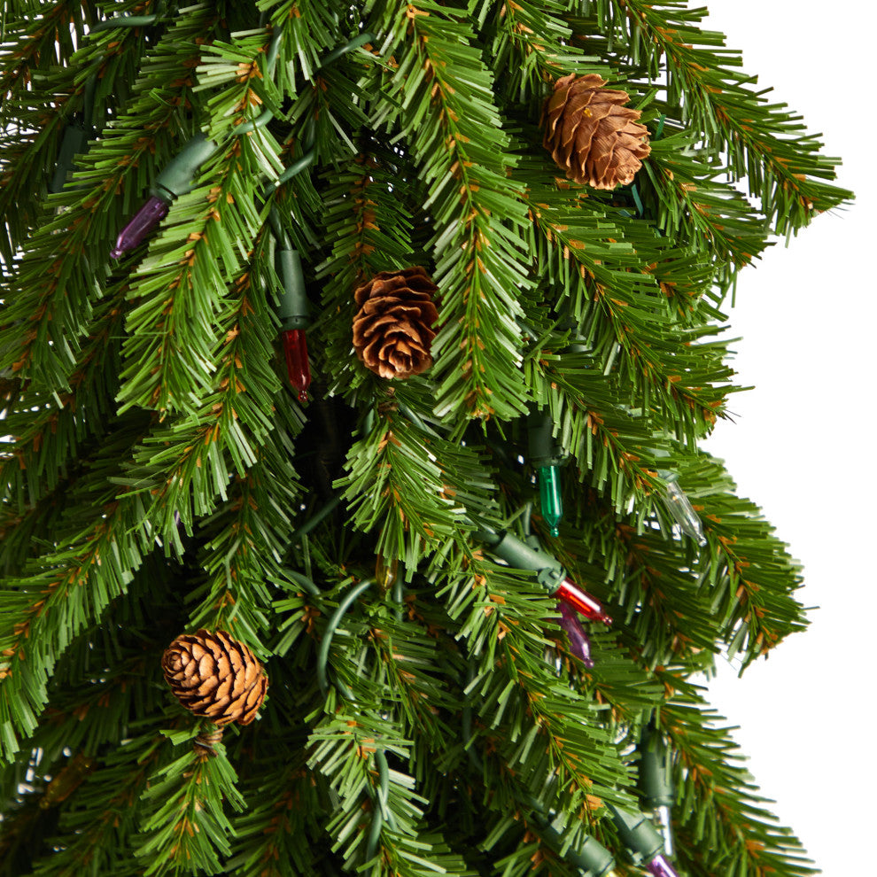 3' Faux Xmas Tree With Pinecones and 50 Multicolored Lights Set, a Burlap Base