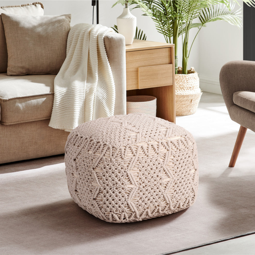Loft Lyfe Taylynn Ottoman, Hand Knitted, Cotton Yarn, Ivory