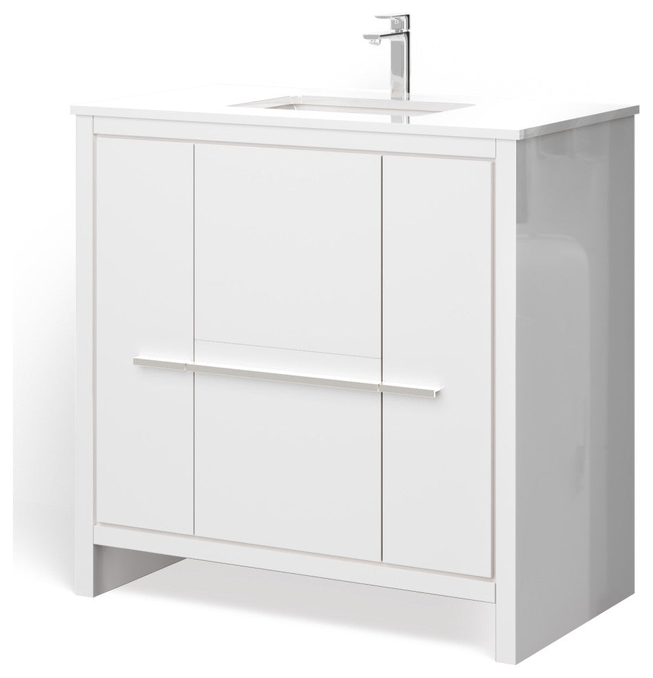 Esconde Bath Vanity, High Gloss White, 36", Single Sink, Freestanding