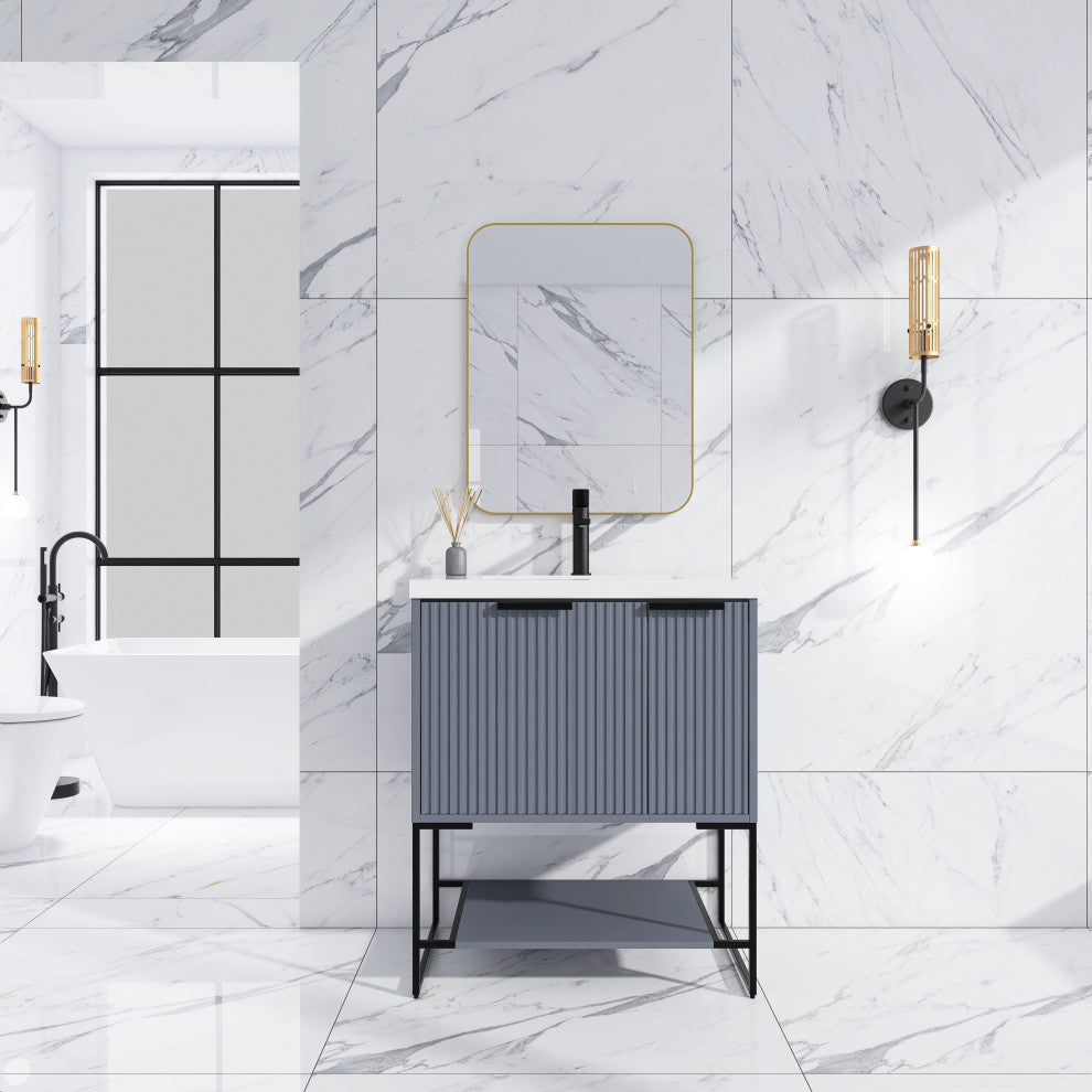 Plywood Freestanding Bathroom Vanity Set with White Ceramic Sink , Rock Grey, 30