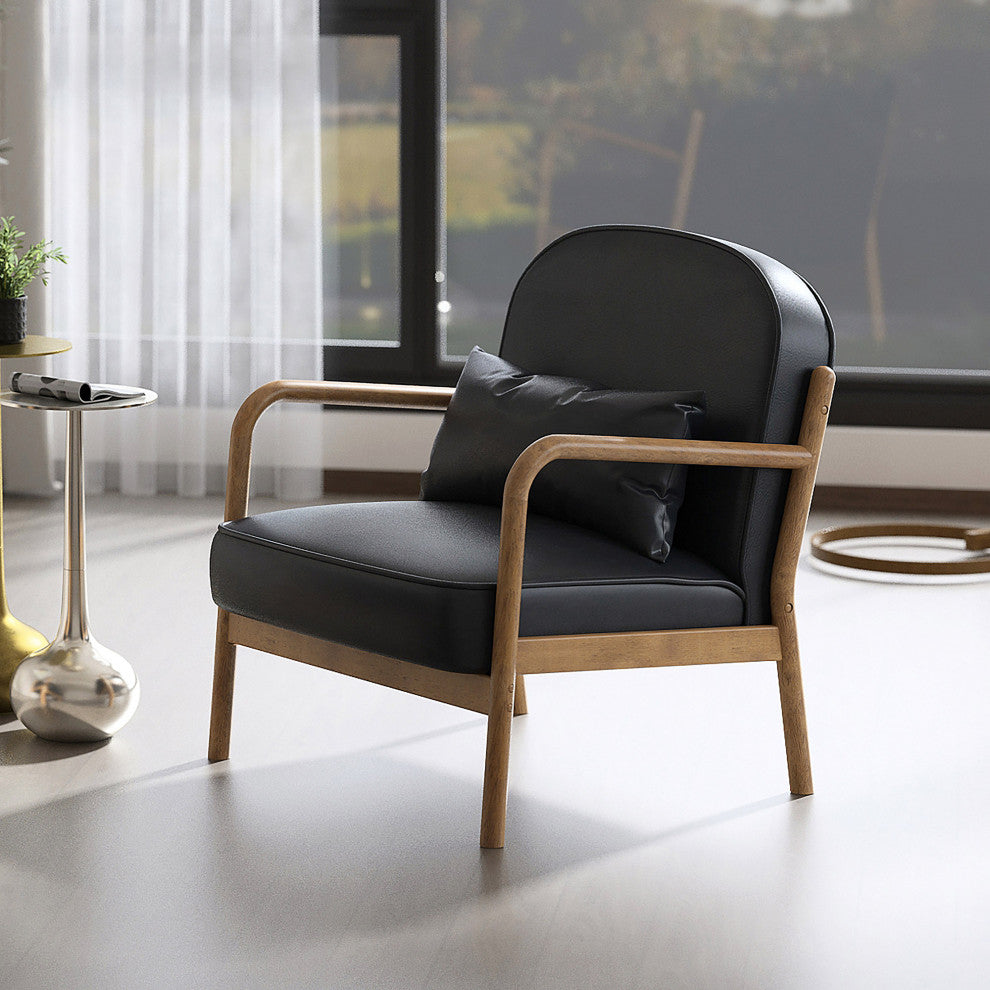 Mid-Century Modern Faux Leather/Solid Wood Accent Chair, Black/Walnut