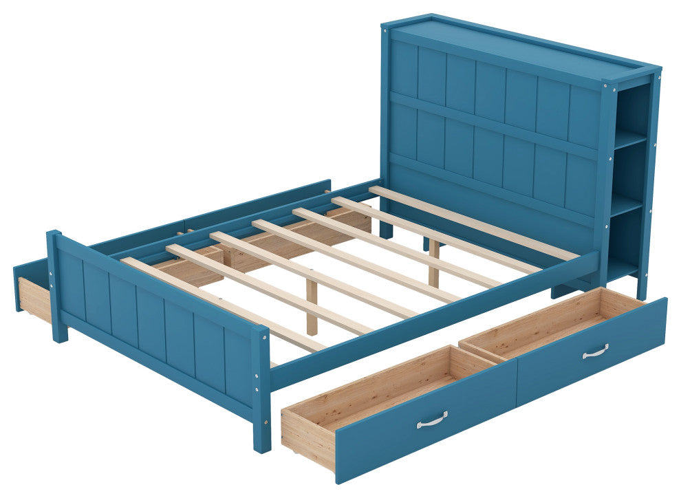 Full Size Platform Bed with Storage Drawers and Headboard Shelves (No mattress), Blue