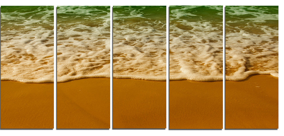 "White Waves From Green Beach Waters" Seashore Wall Art, 5 Panels, 60"x28"