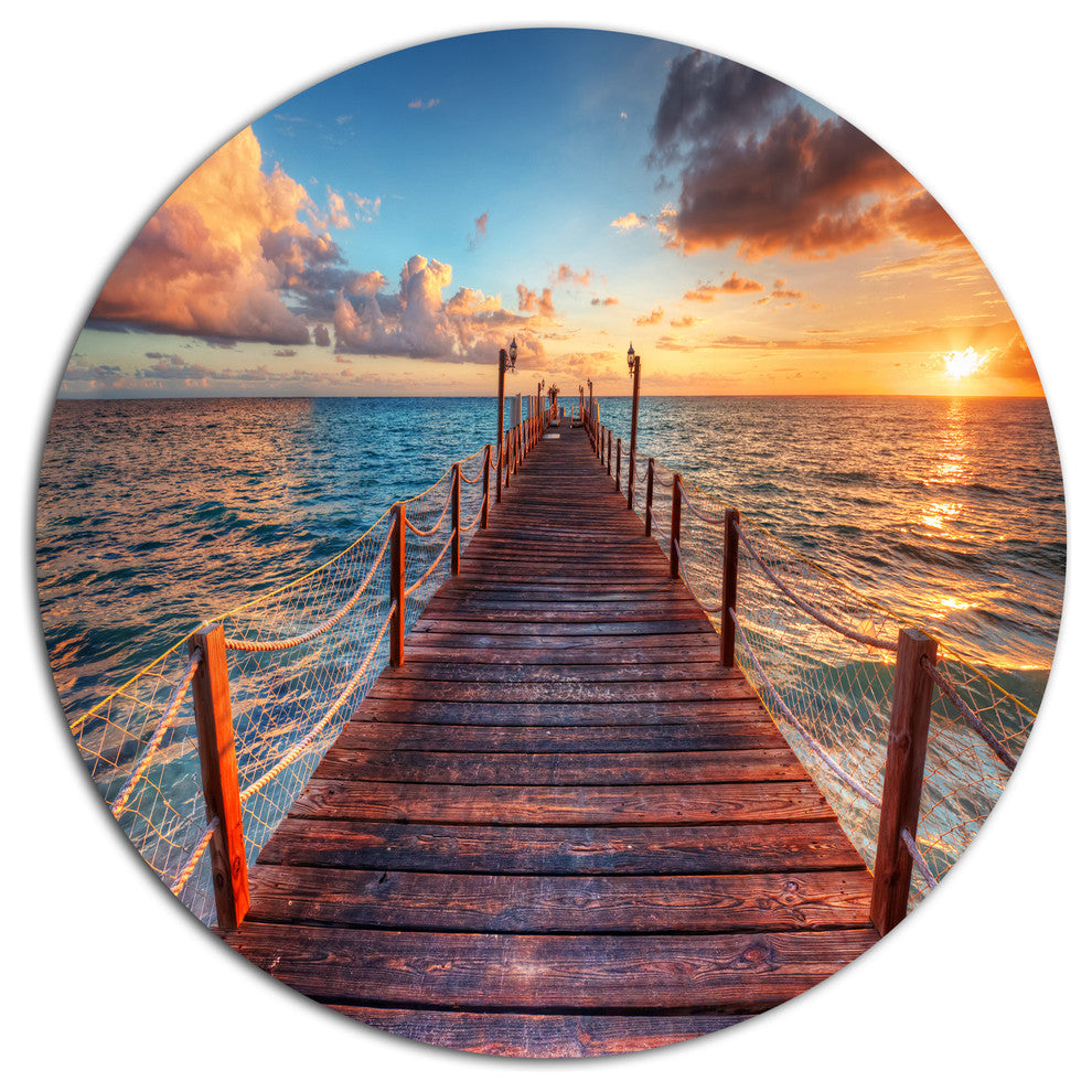 Sunset Over Wooden Sea Pier, Modern Bridge Round Metal Wall Art, 11"