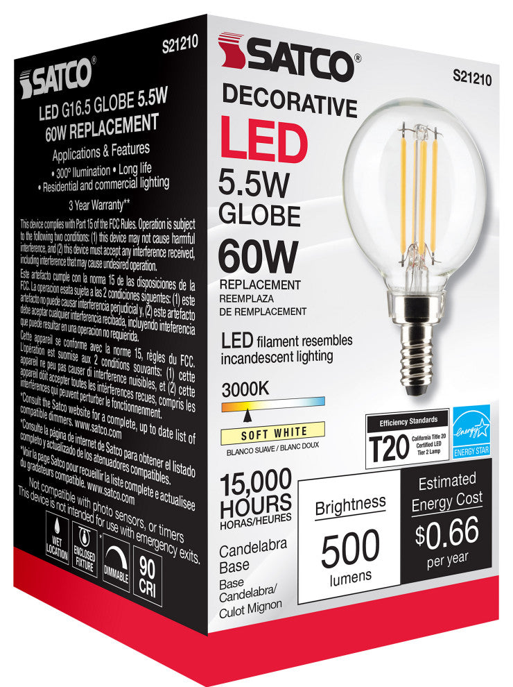 5.5W G16.5 LED, Clear, Candelabra Base, 90 CRI, 3000K, 120V