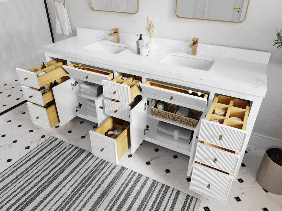 Sonoma 84 Double Sink Reeded Bath Vanity in White 2" Carrara Marble