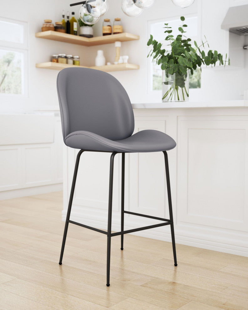 Counter Stool Chair, Steel Metal, Fabric, Gray, Black, Kitchen Cafe Bistro
